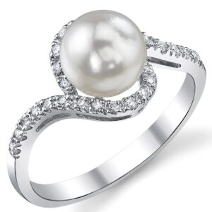 The Pearl Source 14K Gold 7.5-8mm Round Genuine White Akoya Cultured Pearl & Diamond Cheryl Ring for Women