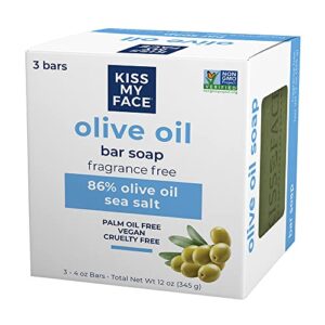 Kiss My Face Olive Oil Fragrance Free Bar Soap, Moisturizing Bar Soap, Cruelty Free Vegan Soap, Palm Oil Free, 4 Oz - 3 Count (Pack of 1)