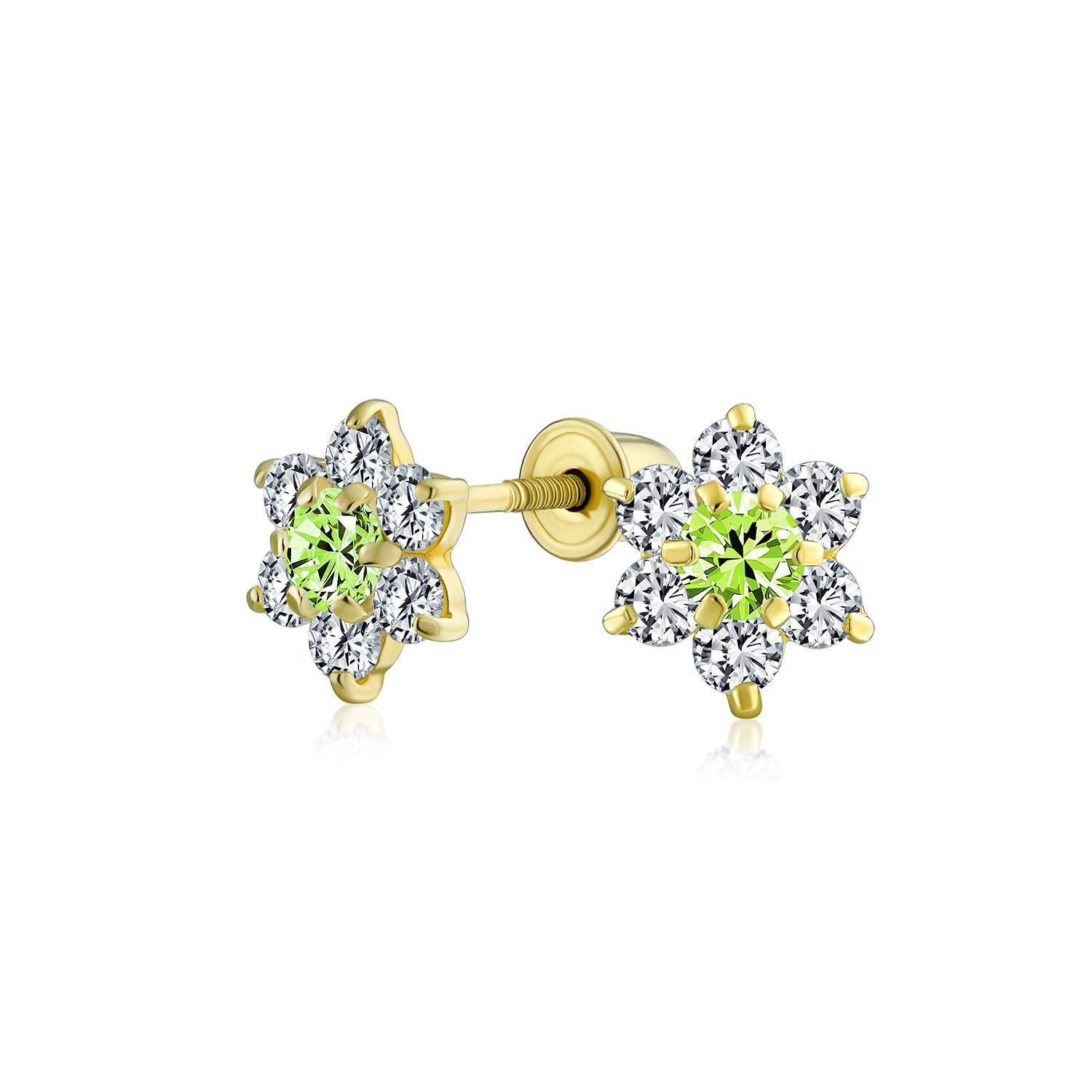 Tiny Olive Green CZ Flower Stud Earrings For Women For Teen Cubic Zirconia Simulated Peridot 14K Real Gold Screw back