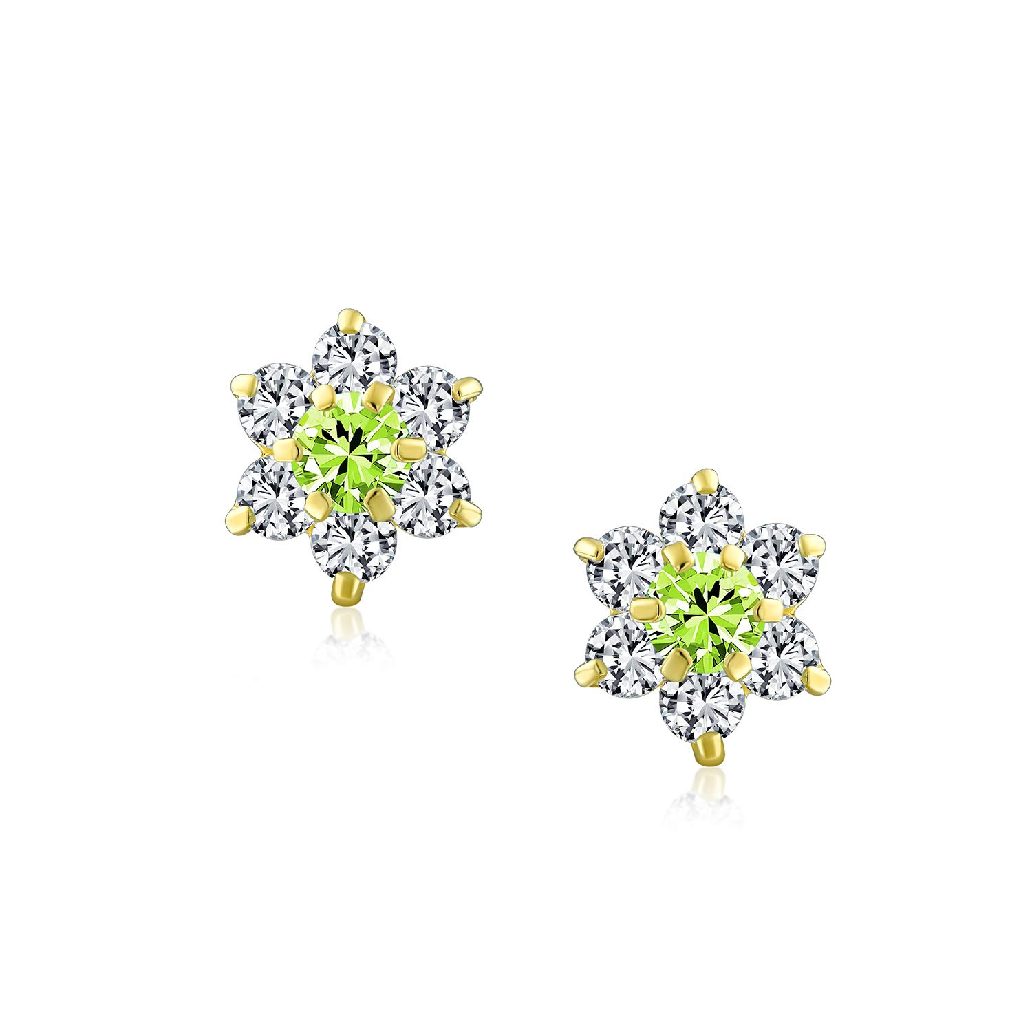 Tiny Olive Green CZ Flower Stud Earrings For Women For Teen Cubic Zirconia Simulated Peridot 14K Real Gold Screw back