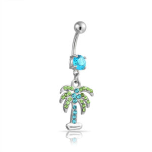 nautical tropical beach dangle green blue crystal palm tree bar navel belly ring for women 316l stainless steel 14 gauge