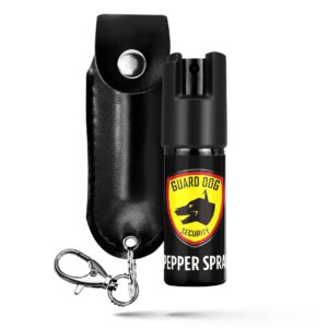 Guard Dog Security Pepper Spray Self Defense Keychain with Compact Small Leather Pepper Spray Case, OC Spray, 16 Ft Longer Range, UV Dye, Flip Top Safety, Lobster Clap, Made in USA, Black