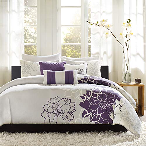 Madison Park Lola 100% Cotton Duvet Set Beautiful Floral Pattern, Ruffle Border Design All Season, Breathable Comforter Cover Bedding, Matching Shams, Full/Queen(90"x90"), Purple/Grey 6 Piece