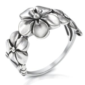 925 Sterling Silver Triple Plumeria Flower Ring - Size 6