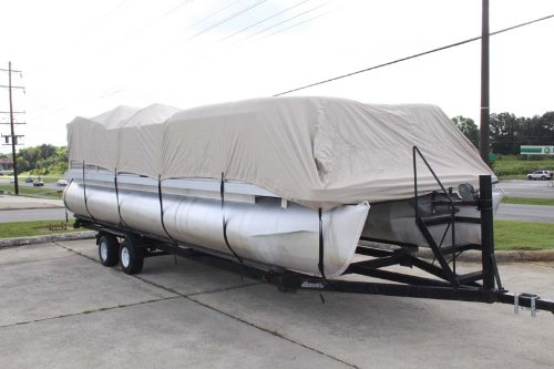 Vortex Direct 26' Tan/Beige Pontoon Boat Cover, Has Elastic and Straps, Fits 24'1" to 25' to 26' Long Deck Area, Up to 102" Beam