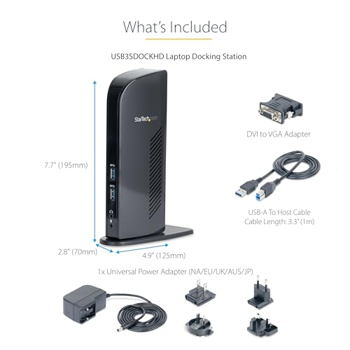 StarTech.com USB 3.0 Dual Monitor Docking Station with HDMI & DVI/VGA, 6x USB-A Ports, Ethernet, Audio & USB Type-A Hub, Universal Laptop Dock - Windows/macOS/ChromeOS (USB3SDOCKHD)