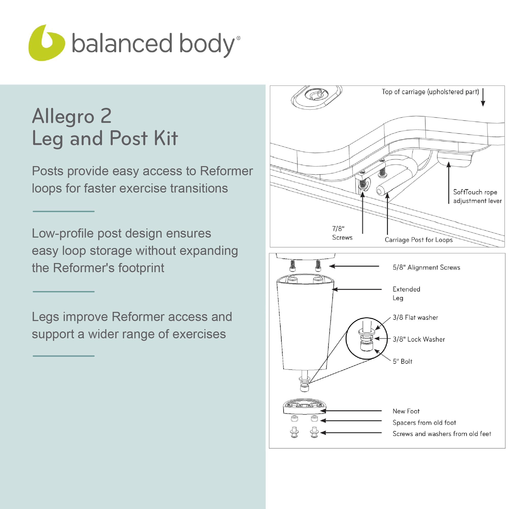 Balanced Body Allegro 2 Leg and Post Kit, Pilates Reformer Accessories, Workout Equipment for Home or Pilates Studio Use