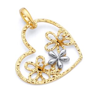 The World Jewelry Center 14k REAL Two Tone Gold CZ Flower Heart Charm Pendant