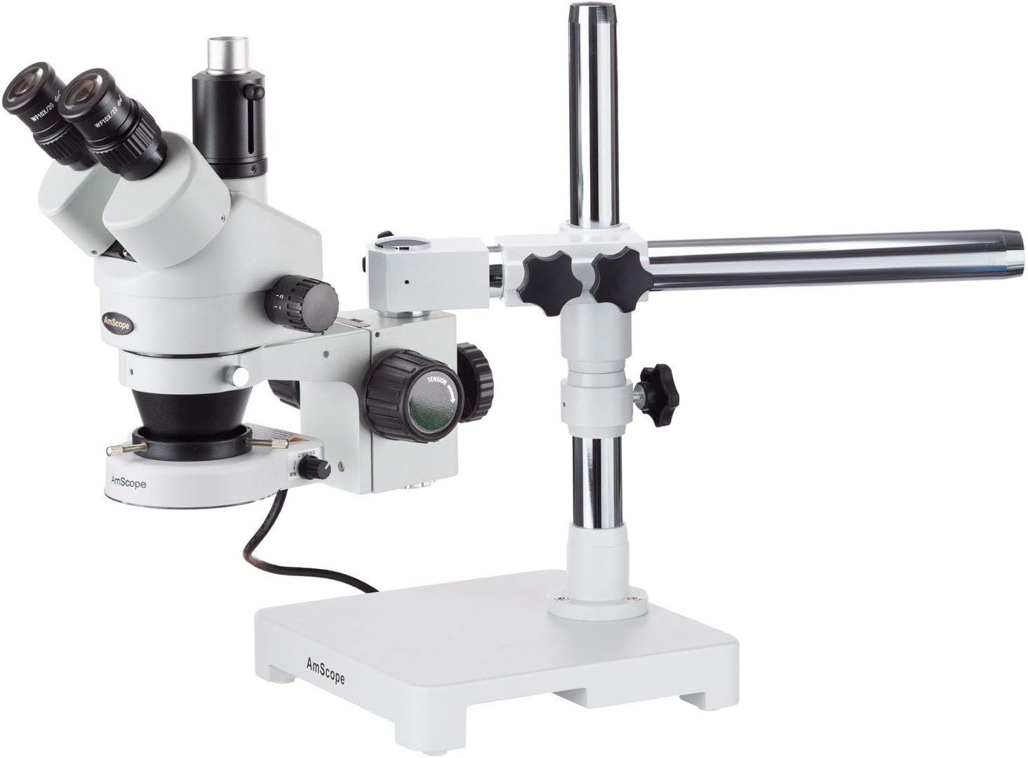 AmScope SM-3TZ-80S Professional Trinocular Stereo Zoom Microscope, WH10x Eyepieces, 3.5X-90X Magnification, 0.7X-4.5X Zoom Objective, 80-Bulb LED Ring Light, Single-Arm Boom Stand, 90V-265V, Includes 0.5X and 2.0X Barlow Lenses