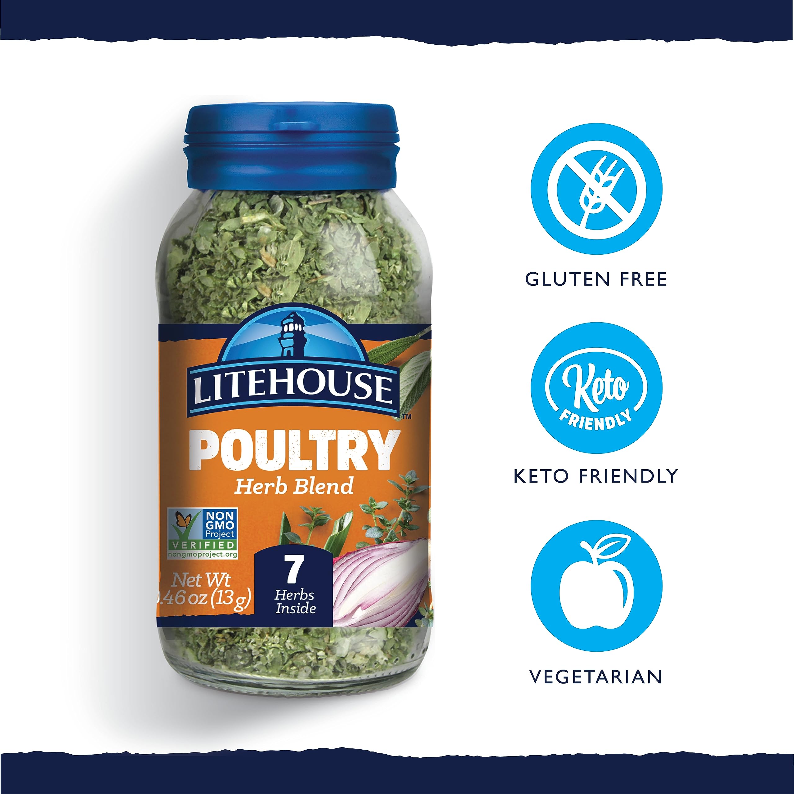 Litehouse Freeze Dried Poultry Herb Blend - Substitute for Fresh Poultry Herb, Fresh Poultry Herb, Jar Contains 7 Herbs, Organic, Poultry Herb Blend Seasoning, Non-GMO, Gluten-Free - 0.46 Ounce