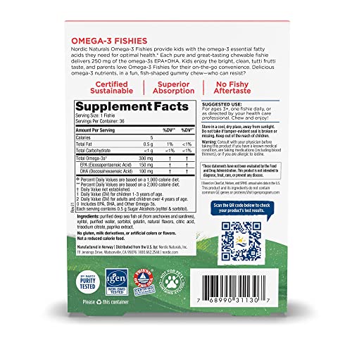 Nordic Naturals Nordic Omega-3 Fishies, Tutti Frutti - 36 Fishies - 300 mg Total Omega-3s with EPA & DHA - Healthy Brain, Mood, Vision & Immune System - Non-GMO - 36 Servings