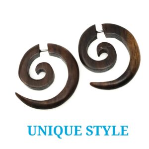 Tribal Organic Wooden Earrings Fake Gauge earrings hippie natural black brown wood earrings faux plugs tapers emo goth punk earrings spiral gothic earrings 316L surgical steel hypoallergenic earring