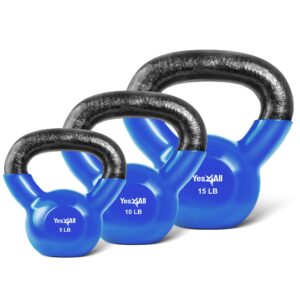 yes4all kettlebells 5 10 15 lbs set weight vinyl coated cast iron for dumbbell weights exercises, gym, fitness, full body workout equipment push up, grip and strength training, blue