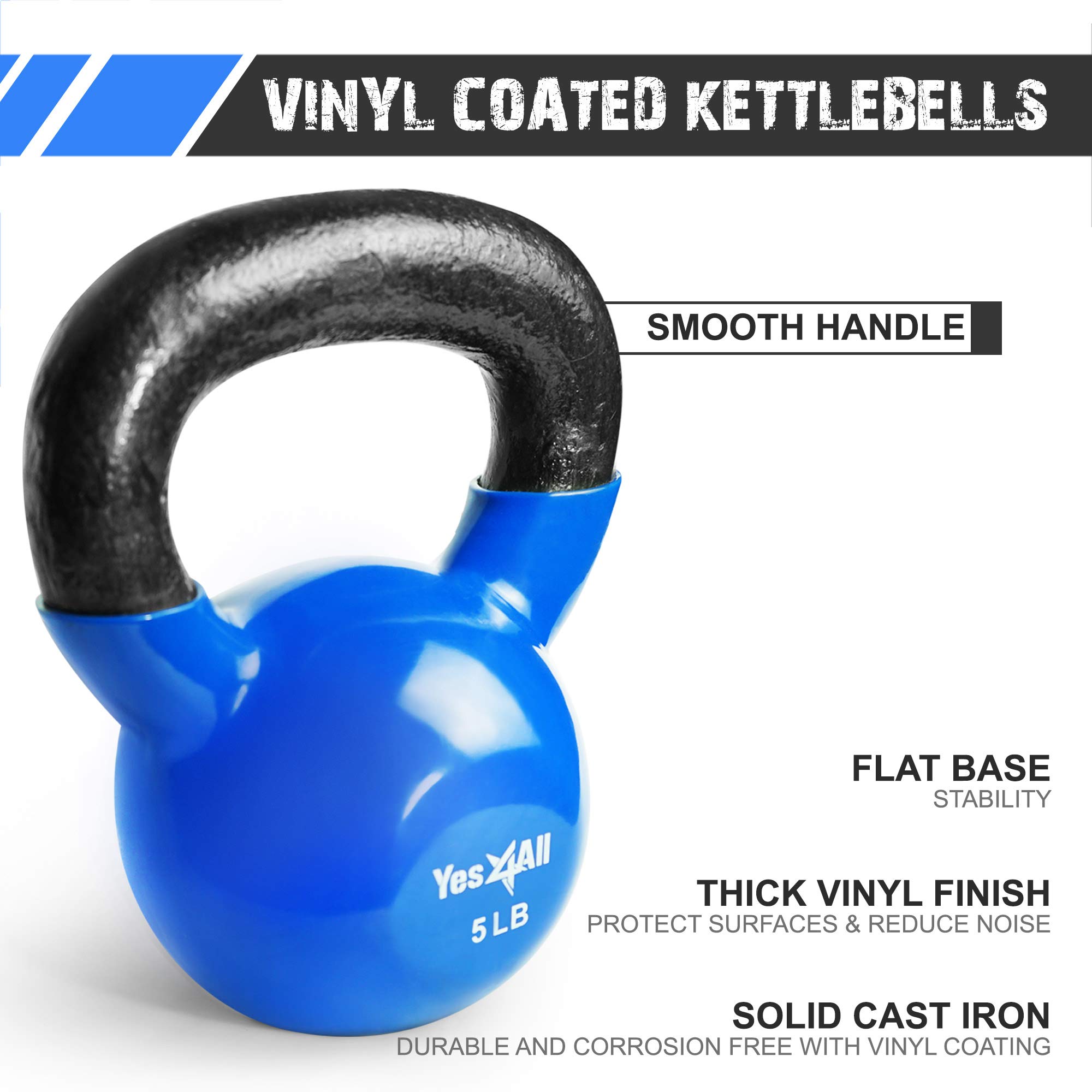 Yes4All Kettlebells 5 10 15 lbs Set Weight Vinyl Coated Cast Iron for Dumbbell Weights Exercises, Gym, Fitness, Full Body Workout Equipment Push up, Grip and Strength Training, Blue