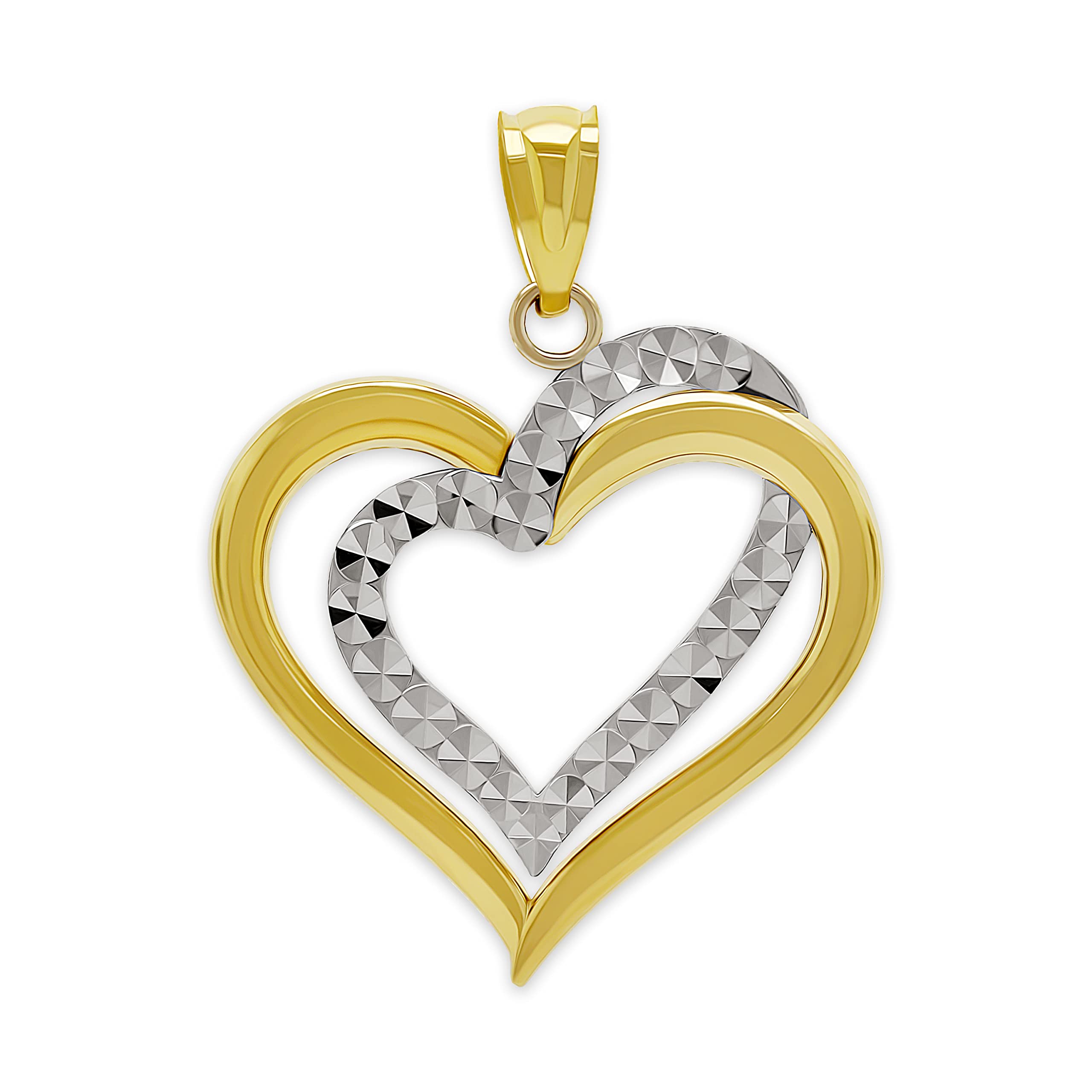 Charm America - Gold Double Heart Charm - 10 Karat Solid Gold - Diamond-cut Heart Pendant