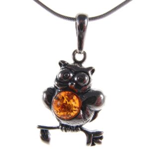 BALTIC AMBER AND STERLING SILVER 925 OWL BIRD PENDANT NECKLACE - 10 12 14 16 18 20 22 24 26 28 30 40" 1mm ITALIAN SNAKE CHAIN