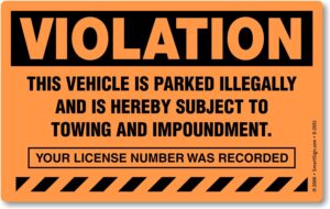 smartsign (pack of 50) 5 x 8 inch “violation - vehicle illegally parked, subject to towing/impoundment” parking violation stickers with permanent adhesive, 4.5 mil paper, fluorescent orange and black