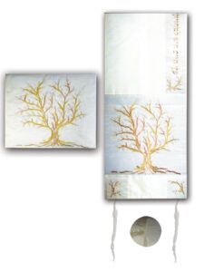 yair emanuel gold, copper, and silver shades tree of life design embroidered raw silk tallit set