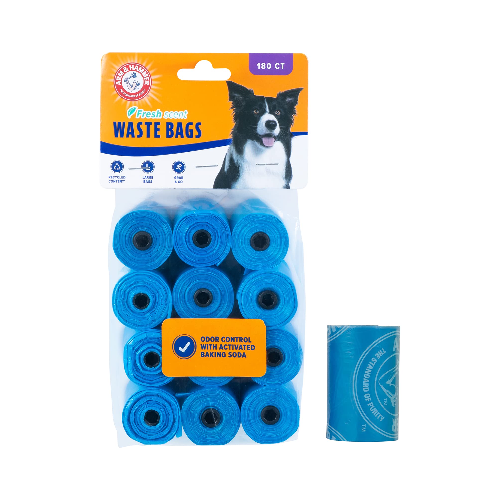 Arm & Hammer Durable Disposable Dog And Cat Waste Bags With Activated Baking Soda, 180 Dog Poop Bags, 9 x 14 Inches, Blue