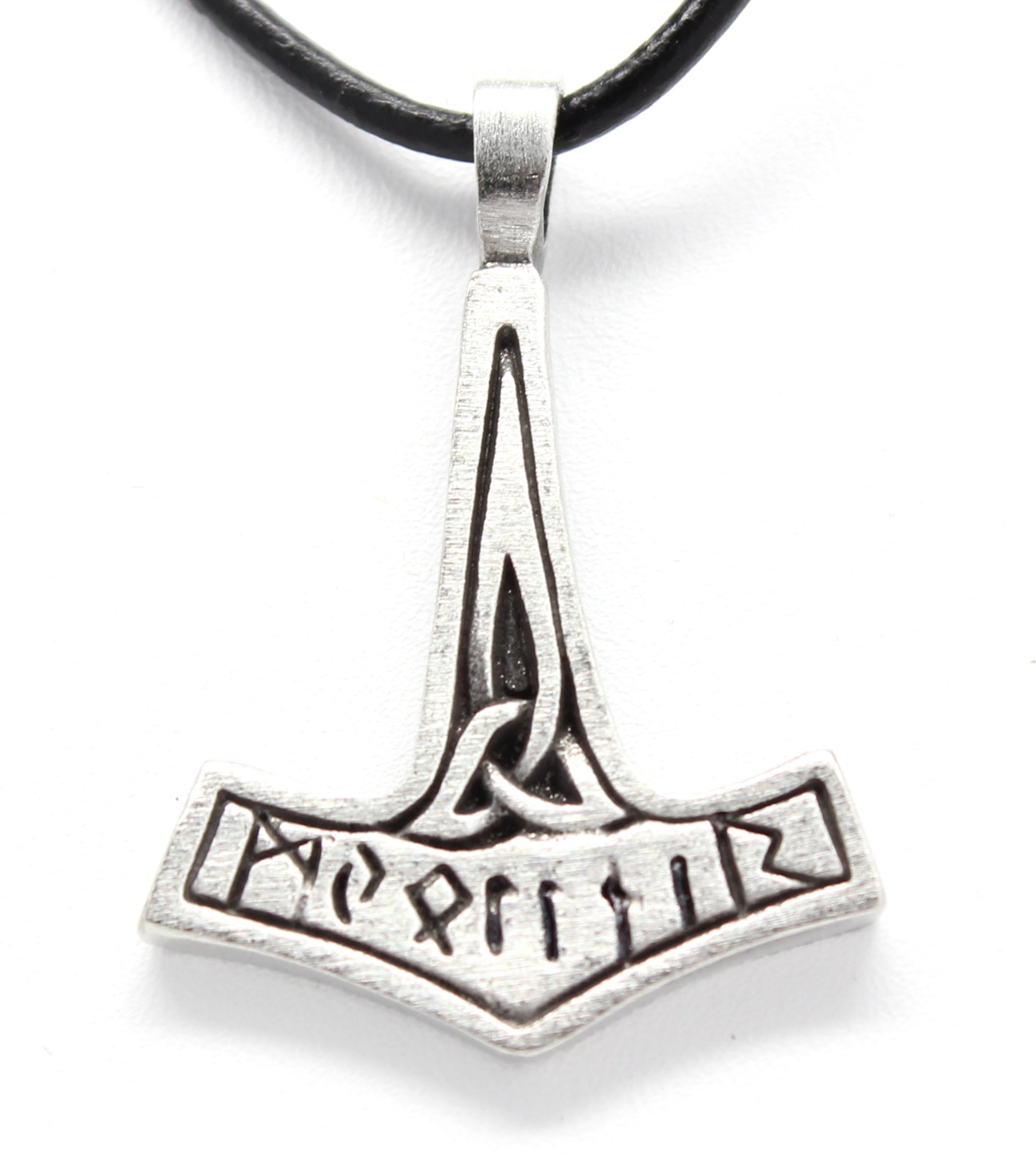 Pewter Thor's Hammer Runes Triquetra Mjolnir Pendant on Leather Necklace