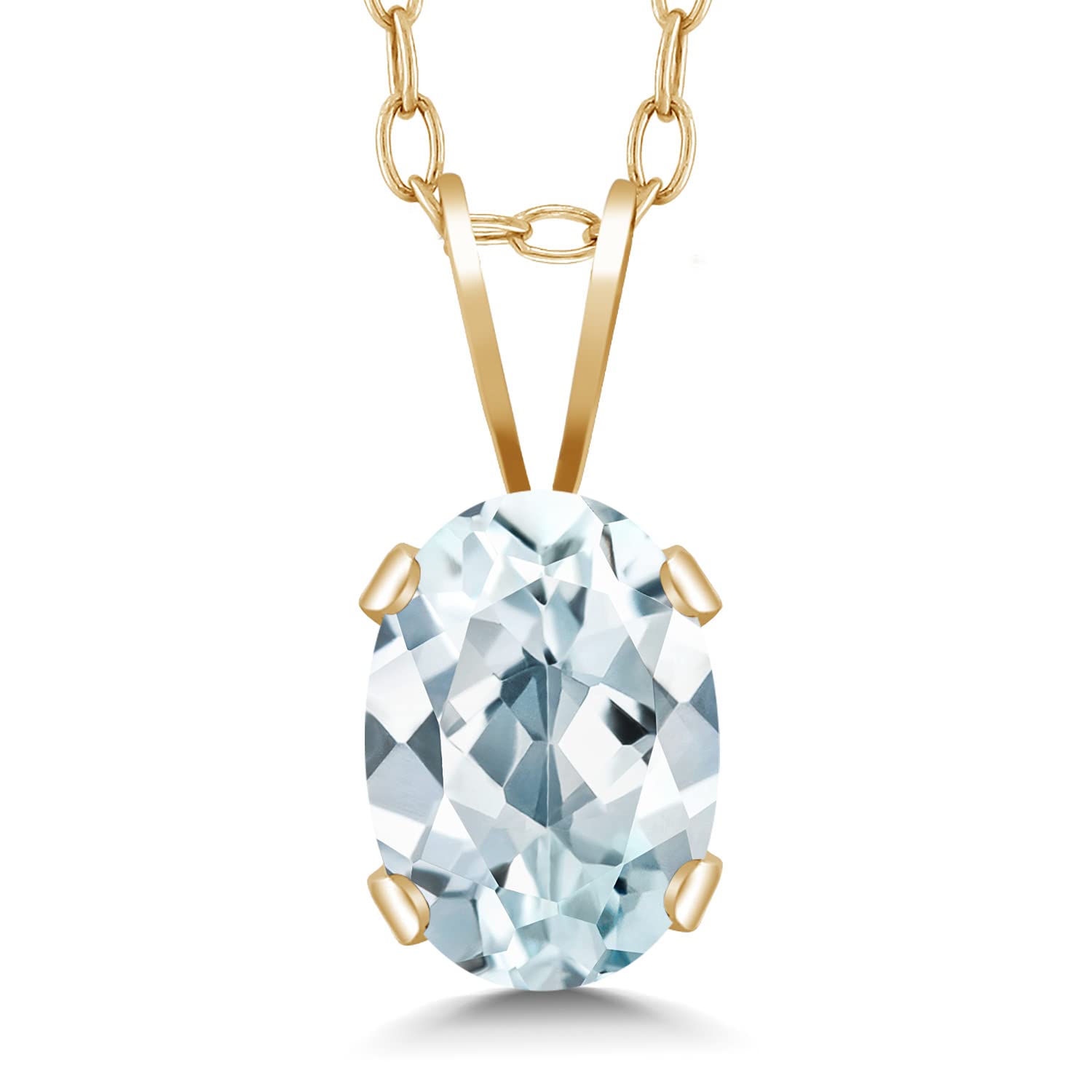 Gem Stone King 14K Yellow Gold Sky Blue Aquamarine Pendant (0.72 Cttw, Gemstone Birthstone, Oval 7X5MM, With 18 Inch Chain)