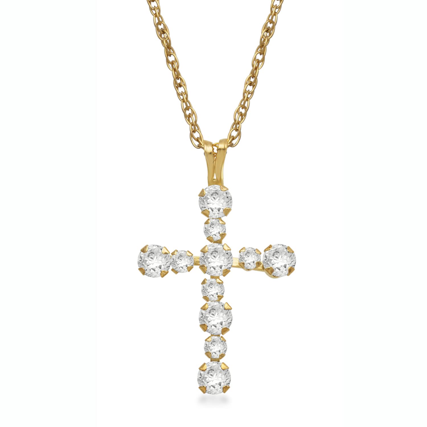 Jewelili 10k Yellow Gold Cross Pendant Necklace with 2mm and 3mm White Round Cubic Zirconia, 18" Gold Filled Rope Chain