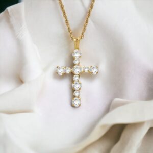 Jewelili 10k Yellow Gold Cross Pendant Necklace with 2mm and 3mm White Round Cubic Zirconia, 18" Gold Filled Rope Chain