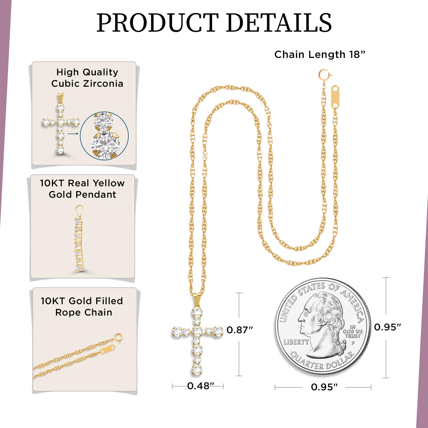 Jewelili 10k Yellow Gold Cross Pendant Necklace with 2mm and 3mm White Round Cubic Zirconia, 18" Gold Filled Rope Chain