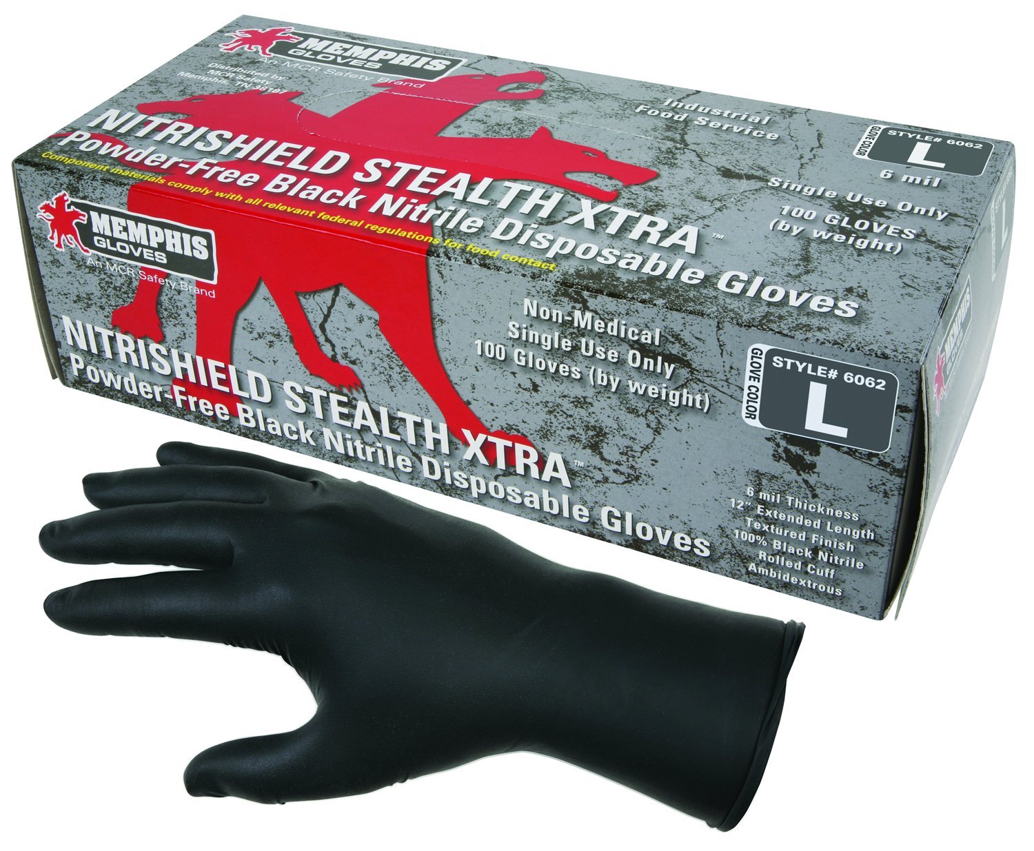 MCR Safety Gloves 6062XL 6 mil Powder Free Disposable Nitrile Gloves, Textured Grip, 1 Box with 100 Gloves, X-Large, Black