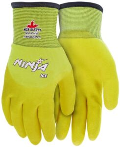 mcr safety ninja® ice hi-visibility 15 gauge nylon insulated cold weather gloves, acrylic terry inner, 3/4 hpt coating, yellow, large , 1-pair