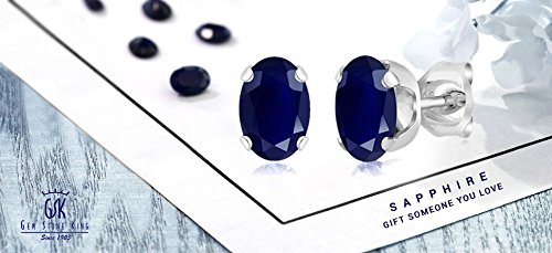 Gem Stone King 925 Sterling Silver Blue Sapphire Stud Earrings For Women | 1.10 Cttw | Gemstone Birthstone | Oval 6X4MM