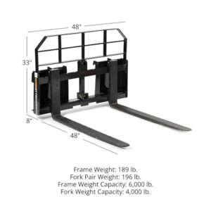 Titan Attachments Pro Series Skid Steer Pallet Fork Attachment with 48" Fork Blades, Rate 6,000 LB, Quick Tach Mounting