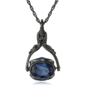 1928 jewelry sapphire blue crystal 3 sided rotating spinner pendant necklace for women, 30 inches