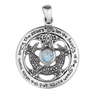 Dryad Design Wiccan Pentacle Pendant - Lunar Goddess Pendant .925 Sterling Silver Rainbow Moonstone Protection Amulet - Pagan Moon Jewelry