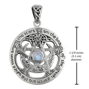 Dryad Design Sterling Silver Large Moon Goddess Wiccan Pentacle Pendant Natural Rainbow Moonstone; 1.25 Inch Diameter