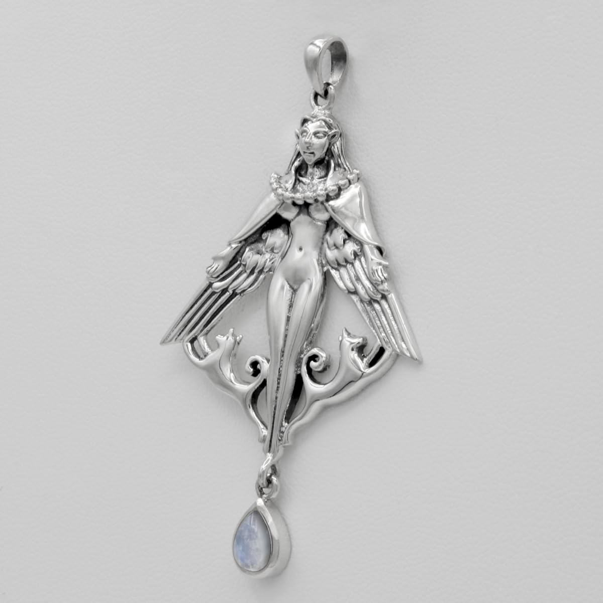 Dryad Design Freya Pendant - Norse Viking Pagan Goddess Jewelry for Women (Sterling Silver & Rainbow Moonstone)