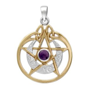 Dryad Design Sterling Silver 14k Gold Plated Crescent Moon Pendant Pentacle with Natural Amethyst