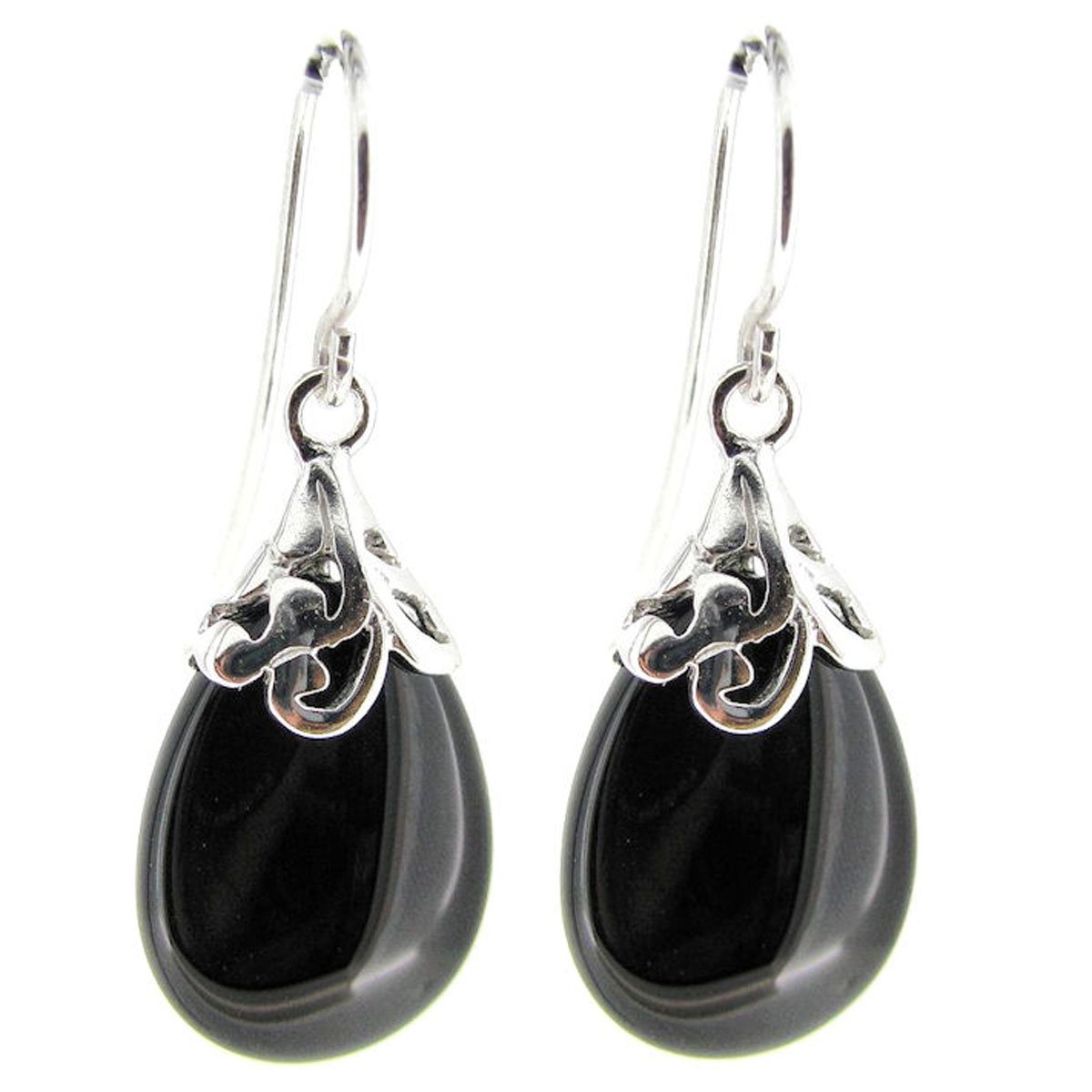 Natural Onyx Black Teardrop Sterling Silver Filigree Flower Bail and French Hook Earwires Dangle Earrings