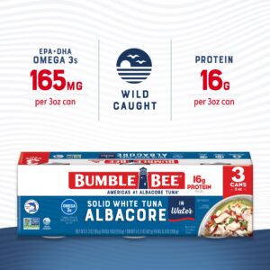 Bumble Bee Solid White Albacore Tuna in Water, 3 oz Can (8 Packs of 3, 24 Cans Total) - Wild Caught Tuna - 16g Protein per Serving, High in Omega-3s - Non-GMO Project Verified, Gluten Free, Kosher