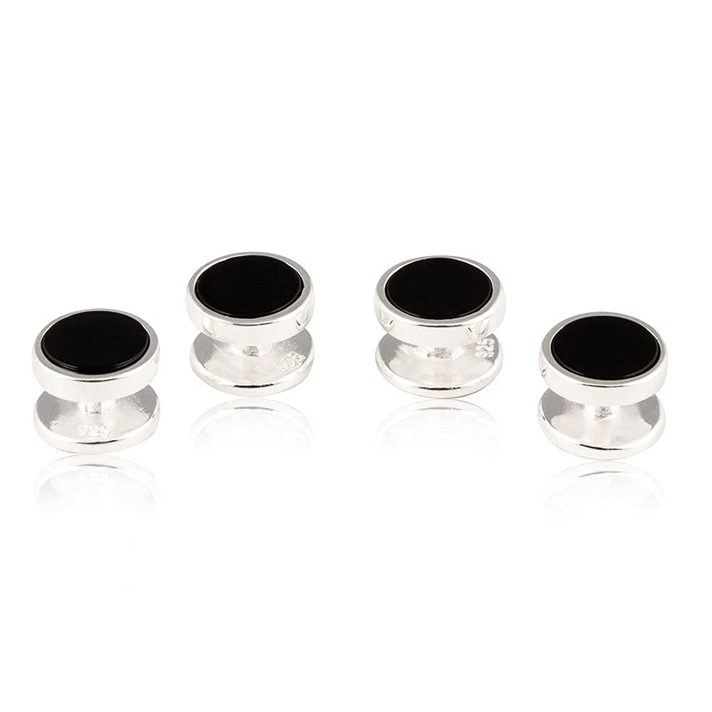 Cuff-Daddy Mens Solid 925 Sterling Silver Black Onyx Tuxedo Shirt Studs with Travel Pouch - 3/8" Groomsmen Party Special Occasions Wedding Tuxedo Shirt Studs - Set of 4