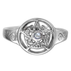 Dryad Design Moonstone Pentagram Ring Crescent Moon Pentacle Wiccan Sterling Silver Pagan Jewelry (Size 6)