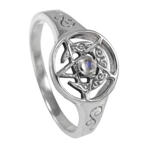 Dryad Design Moonstone Pentagram Ring Crescent Moon Pentacle Wiccan Sterling Silver Pagan Jewelry (Size 6)