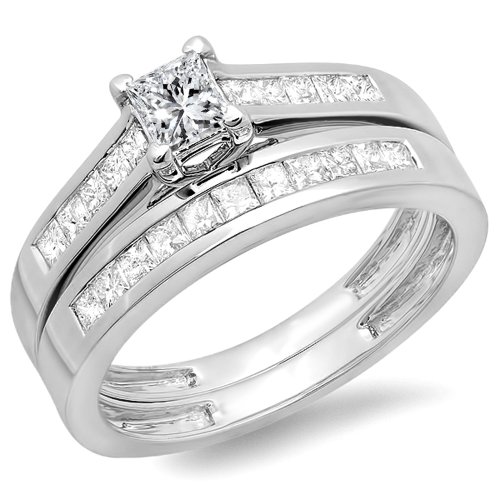 Dazzlingrock Collection 1.00 Carat (Cttw) 14k All Princess Diamond Women Engagement Ring Set 1 CT, White Gold, Size 7