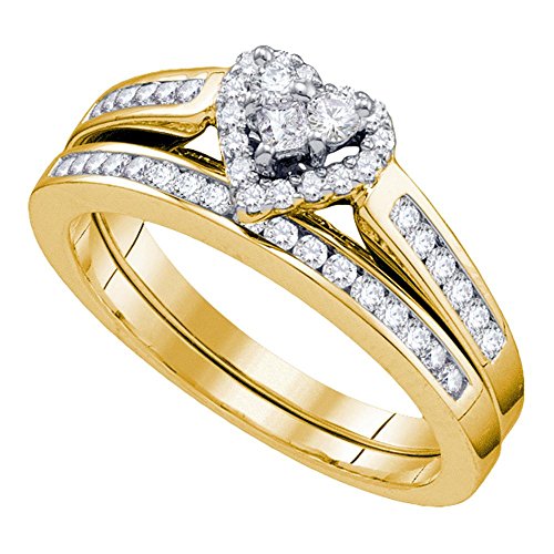 Sonia Jewels Size 7-10k Yellow Gold Ladies Womens Diamond Heart Bridal Engagement Ring W/Matching Wedding Band Set (1/2 cttw.)