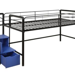 DHP Junior Twin Metal Loft Bed with Storage Steps, Multifunctional Space-Saving Solution - Black with Blue Steps