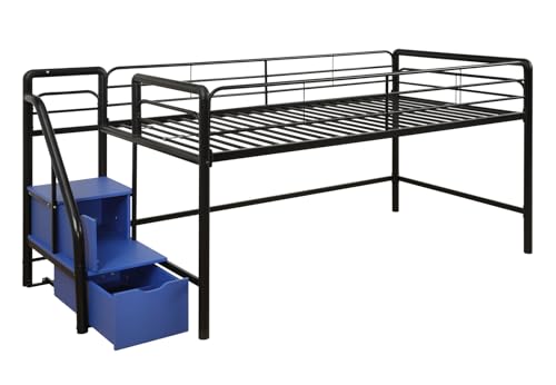 DHP Junior Twin Metal Loft Bed with Storage Steps, Multifunctional Space-Saving Solution - Black with Blue Steps