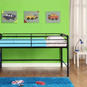 DHP Junior Twin Metal Loft Bed with Storage Steps, Multifunctional Space-Saving Solution - Black with Blue Steps