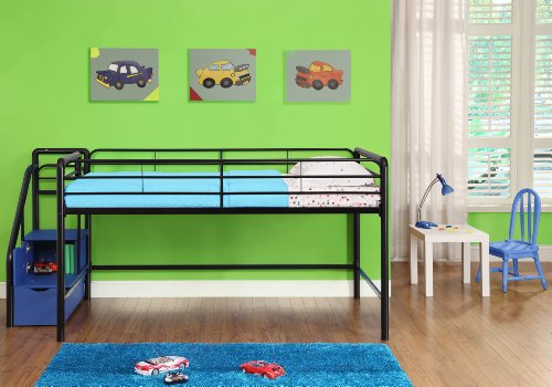 DHP Junior Twin Metal Loft Bed with Storage Steps, Multifunctional Space-Saving Solution - Black with Blue Steps