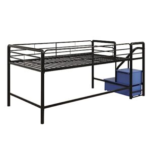 DHP Junior Twin Metal Loft Bed with Storage Steps, Multifunctional Space-Saving Solution - Black with Blue Steps