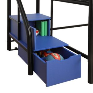 DHP Junior Twin Metal Loft Bed with Storage Steps, Multifunctional Space-Saving Solution - Black with Blue Steps